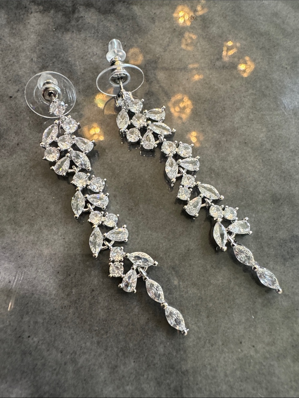 Crystal CZ Leaf Drop Earrings - Silver Tone 2.5” drop dangle